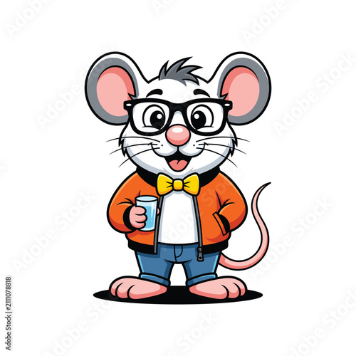 Cartoon mouse character wearing glasses and jacket holding a drink presented as a colorful vector illustration rodent murine graphic design