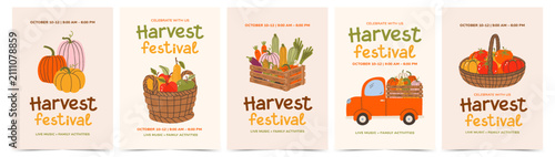 Harvest festival poster set with cute hand drawn pumpkins, baskets of fresh fruits and tomatoes, wooden crate of vegetables, and farm pickup truck. Autumn vector templates for greeting card, banner.