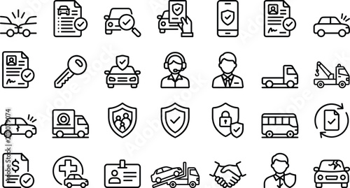 Bild auf Leinwand Car insurance and roadside assistance line icons vector set representing vehicle