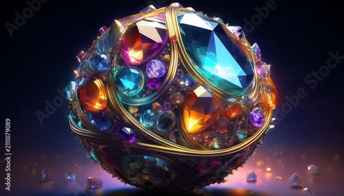 3d planetoid adorned with exquisite gemstones and sparkling crystals creating a mesmerizing view the 3d planetoid glistens with the vibrant colors of gemstones and crystals capturing attention