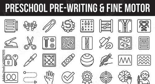 Preschool pre writing and fine motor skill development icons set for educational activities and child learning exercises