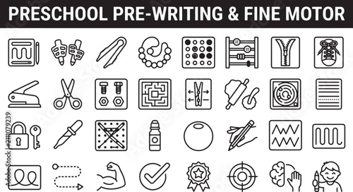 Preschool pre writing and fine motor skills development icons set in thin line vector illustration style