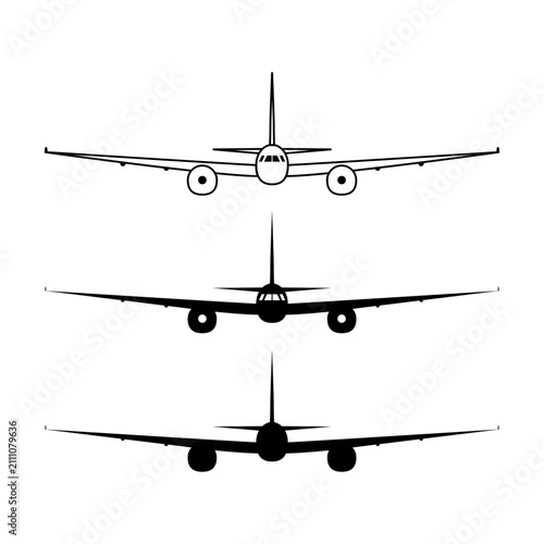 Passenger airplane icon in different variations on a white background. Set of icons.