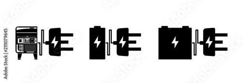 A set of stylish power source icons with generator, battery, accumulator and plug vector.