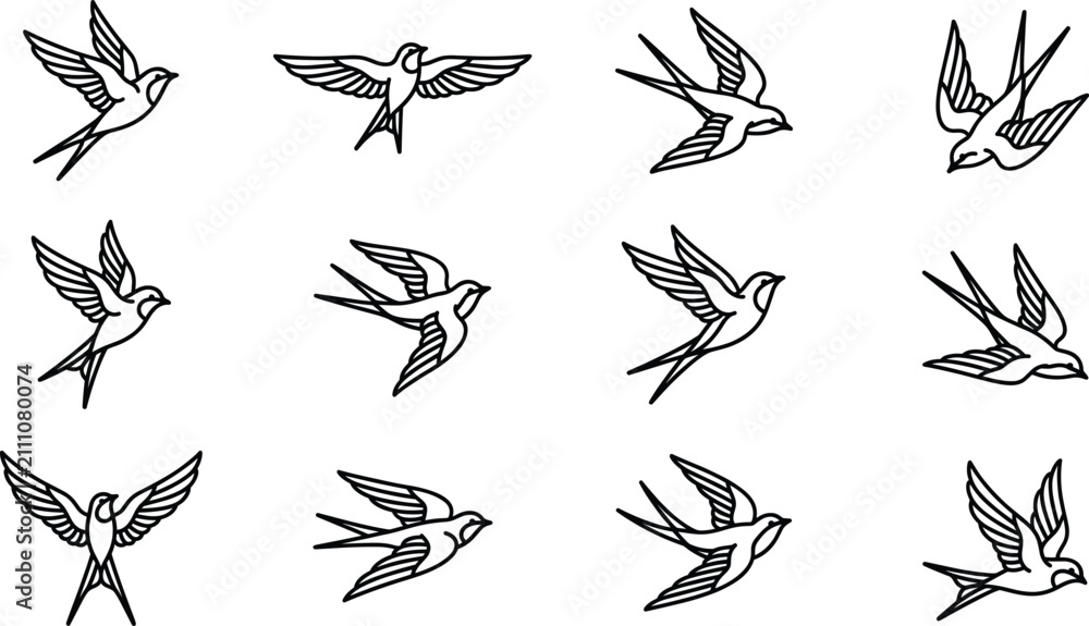 Fototapeta premium Minimalist swallow bird line art vector illustrations set of flying barn swallows for logo and tattoo design