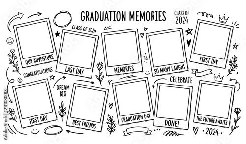 Graduation Yearbook Photocard Collage Template with Hand Drawn Doodles Vector