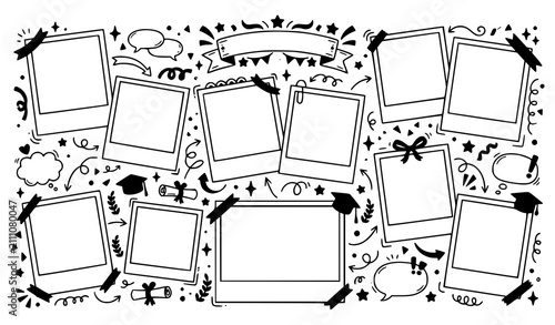 Graduation Polaroid Photo Collage Layout with Hand Drawn Doodle Elements Vector