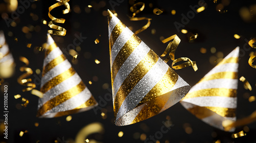 Wide panoramic party banner with floating golden 3D hats, cones, confetti and curling streamers over a dark backdrop. 