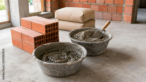Bricks and mortar on construction site