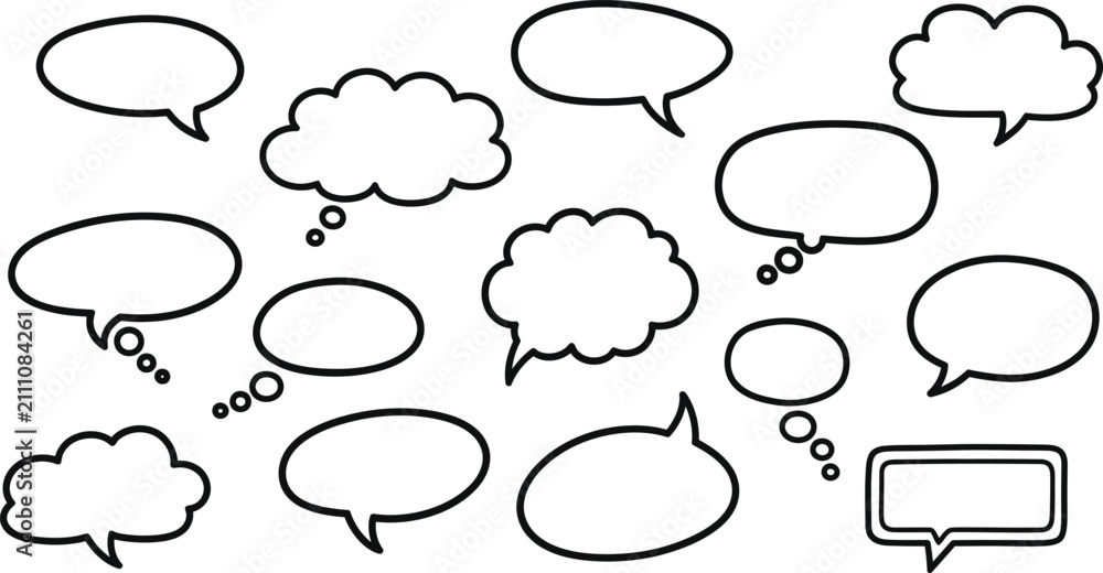 Fototapeta premium A collection of hand drawn speech bubbles and thought clouds in a simple black and white vector illustration for comic book design elements