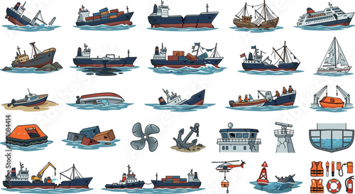 Foto Shipwreck and Maritime Accident Vector Illustration Set for Marine SafetyShipwre
