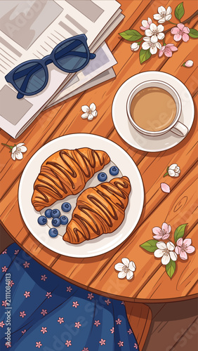 Breakfast Table Vector Illustration with Croissants Coffee Blueberries and Spring Flowers Flat Lay