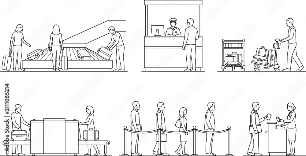 Obraz premium Line Art Vector Illustration Set of Airport Terminal Activities Passengers and Baggage Security