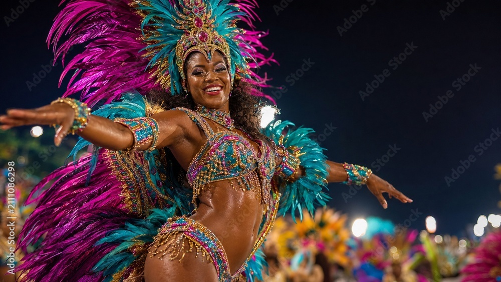 Obraz premium カラフルな羽飾りで踊るブラジルのサンバダンサー