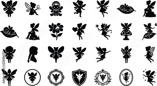 Set of cute fairy silhouettes for magical design projects with various poses and artistic elements
