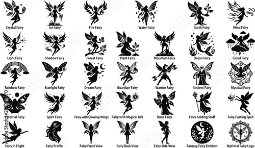 Foto Set of elemental fairies featuring magic themes like fire ice water earth forest