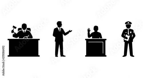 Fotografía Courtroom Icons: Judge, Lawyer, Witness, Officer, Legal Justice Symbols