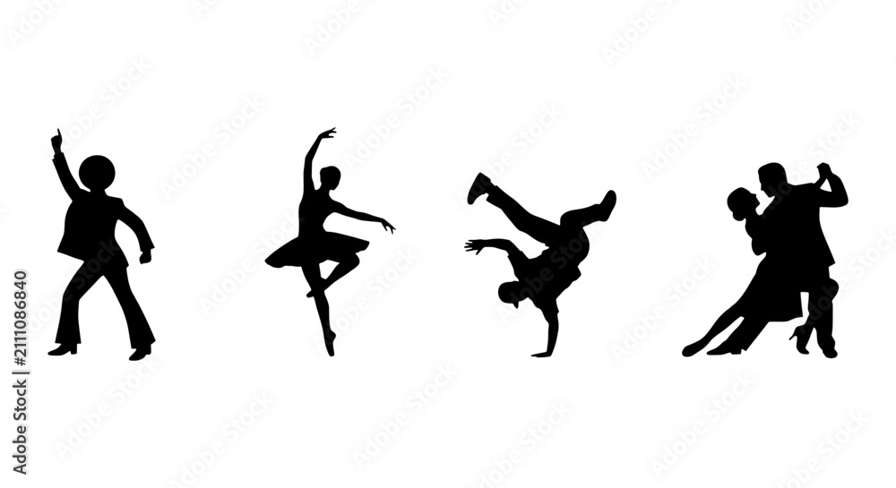 Obraz premium Dance Silhouettes Collection: Ballet, Breakdance, Disco, Ballroom, Diverse Styles