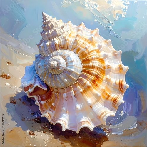 An artistic representation of a seashell, highlighted with warm hues, on a sandy surface, with a blurred backdrop