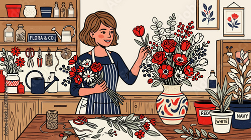 A professional florist arranges a beautiful bouquet of fresh flowers in a cozy workshop