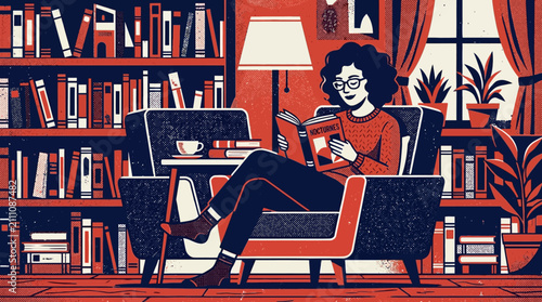 A woman sits in a cozy armchair reading a book in a library