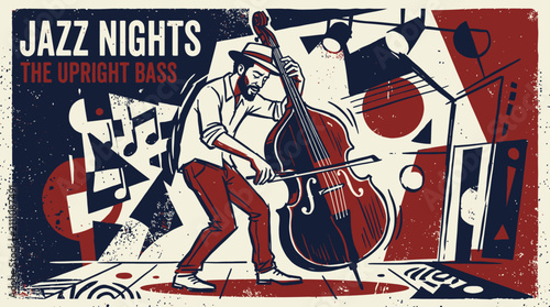A stylized illustration of a musician playing a large string instrument on a stage