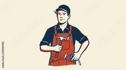 A vintage style illustration of a professional construction worker holding a metal hammer