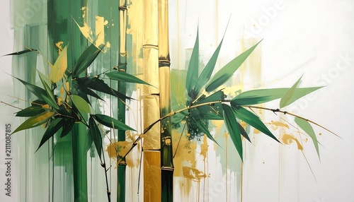An artistic representation of bamboo stalks and leaves. Brushstrokes of green and gold create an abstract landscape on a white background
