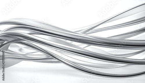 An artistic representation of flowing, metallic ribbons against a soft white background, creating an abstract and dynamic pattern