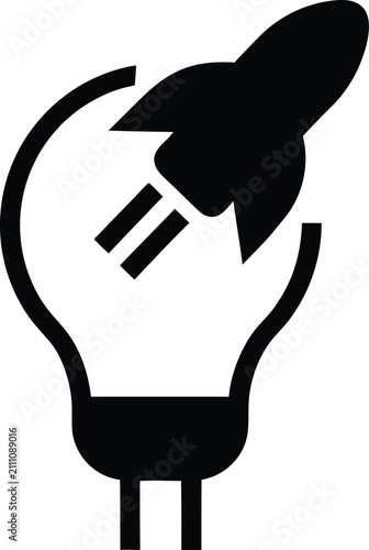 Rocket Launch Light Bulb Icon – Startup Innovation, Creative Idea, Business Growth, Technology Solid Vector Symbol