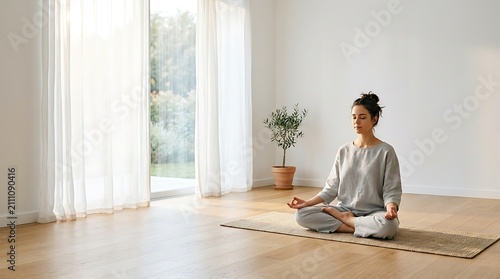Young woman meditating in a bright and peaceful minimalist room