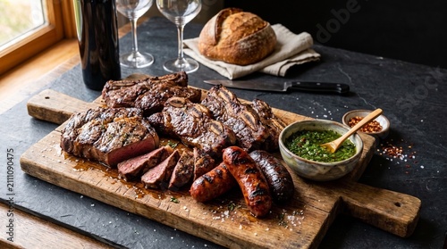 Gastronomía argentina auténtica, asado tradicional, empanadas y alfajores con estilo comercial y espacio negativo