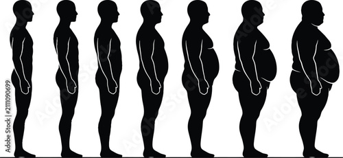 Silhouette of a man showing weight gain stages isolated