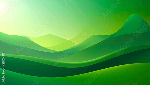 An abstract, stylized landscape with layered rolling hills rendered in varying shades of green, bathed in soft light