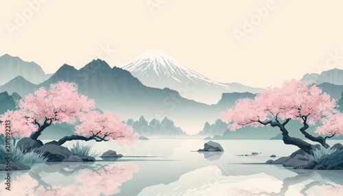 Japanese inspired vector landscape featuring Mount Fuji, cherry blossoms, and a calm lake. Ideal for cultural designs, travel branding, spring campaigns, Asian themes, and elegant nature artwork.