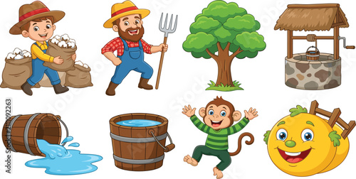 Photography Cartoon Farm Vector Set with Friendly Farmers Wooden Water Well Buckets Straw Ha
