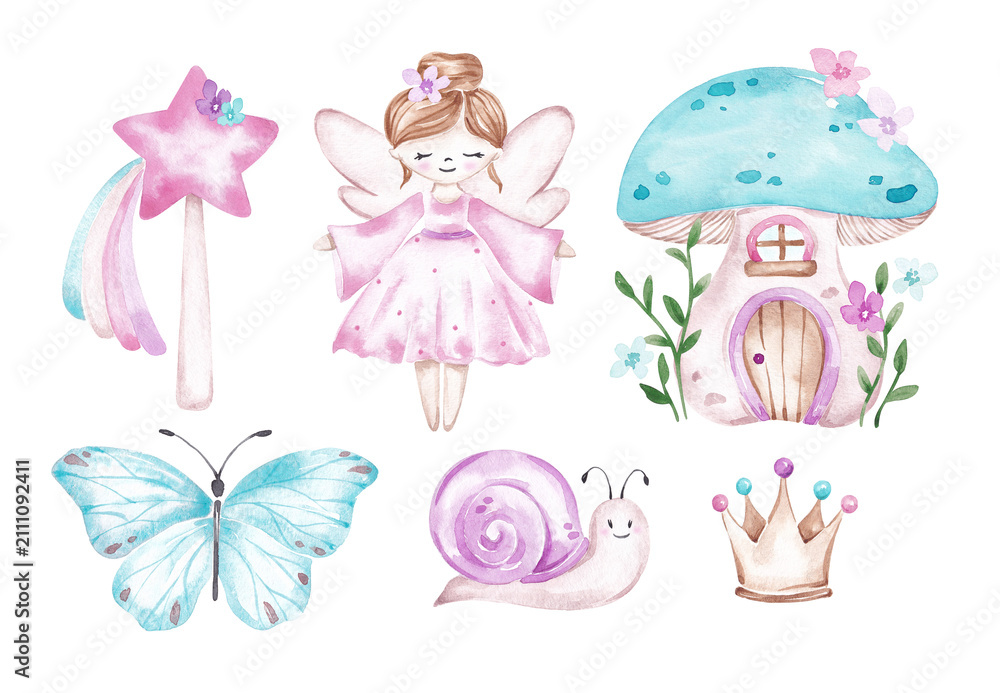 Fototapeta premium Cute hand-drawn watercolor fairy clipart. For designing baby shower, birthday party card, invitation, banner. Girls clipart isolated on white. Pink, purple fairy, princess set