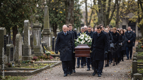 Funeral procession moving through a cemetery as mourners accompany a flower-covered casket toward its final resting place.
