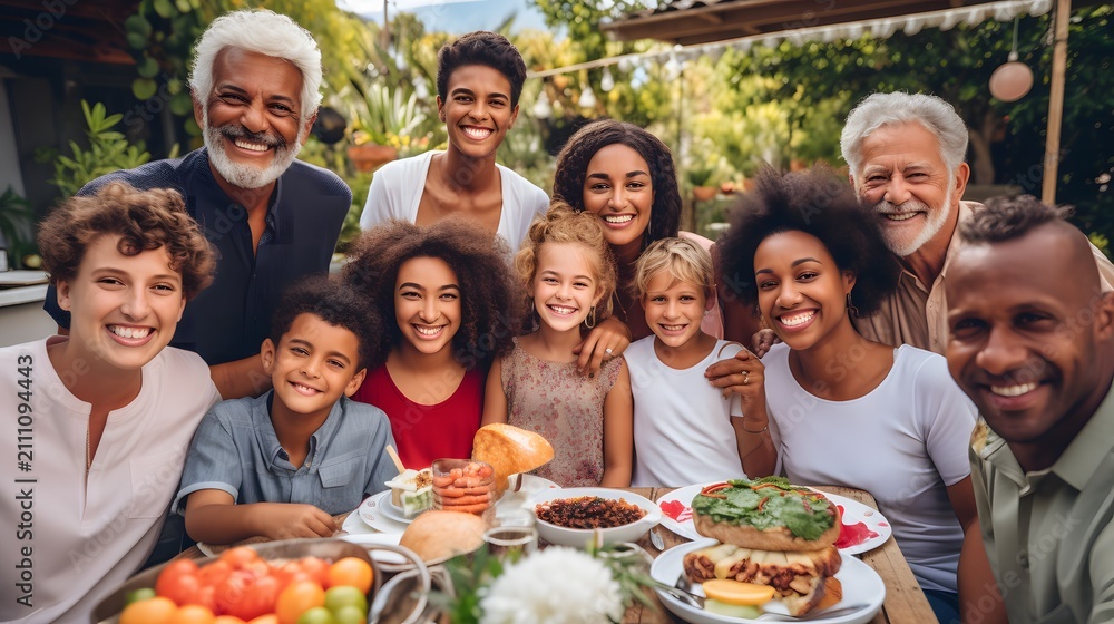 Fototapeta premium A diverse family of different generations celebrating together at a festive outdoor meal in a lush garden setting