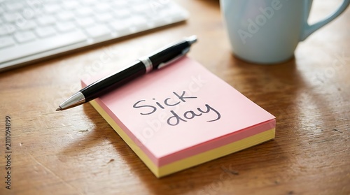 Stack colorful adhesive note pads featuring sick day hand written text with ballpoint pen on top resting on brown wooden desktop near computer keyboard and light blue ceramic mug.