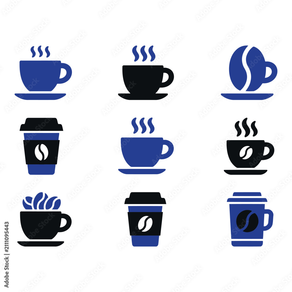 Obraz premium Set of 12 Minimalist Coffee Icons with Steam Effects in Blue and Black isolated on white background