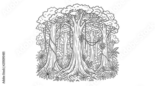 Foto Clean Black and White of Dense Forest with Tall Trees and Lush Underbrush Vegeta