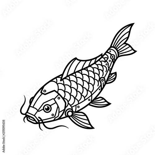 A detailed black and white line art illustration of a mechanical fish