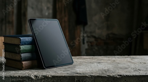 Tablet leaning against a stack of old books on a stone surface