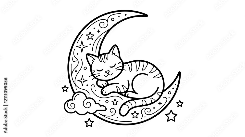 Fototapeta premium Cute Sleeping Kitten on Crescent Moon Coloring Page Vector Illustration
