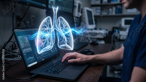Medical professional typing on a laptop projecting a detailed 3D hologram of human lungs and respiratory airwaves in a diagnostic lab