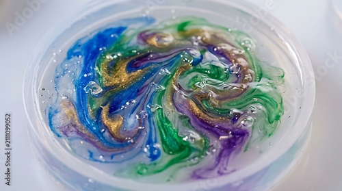 Swirling colorful resin with gold glitter in a circular mold