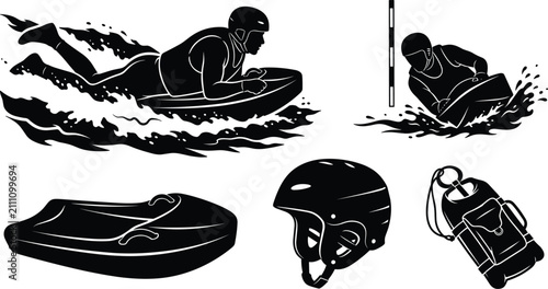 Fotografie Riverboarding Vector Set with Hydrospeed Rider Whitewater Sled Safety Helmet Sla