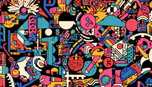 Obraz na płótnie Vibrant and intricate abstract illustration featuring a dense mosaic of colorful cartoonish shapes, tools, and geometric patterns on a dark background