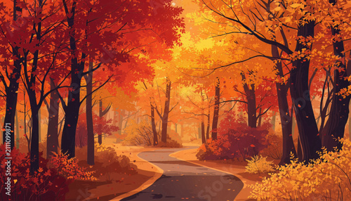 Premium vector illustration of a golden autumn forest with a quiet road and glowing foliage. Perfect for seasonal campaigns, travel branding, nature posters, and elegant background designs.